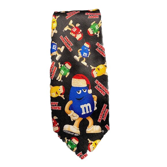M&M Happy Holiday Christmas Tie Black with M&M's wearing santa hats - Picture 1 of 5